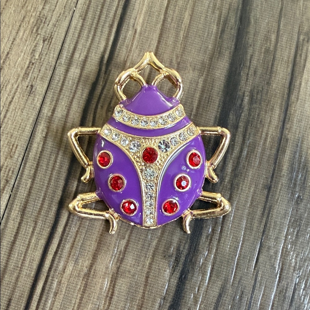 Purple Crystal Ladybug Brooch - Gold Tone Accent